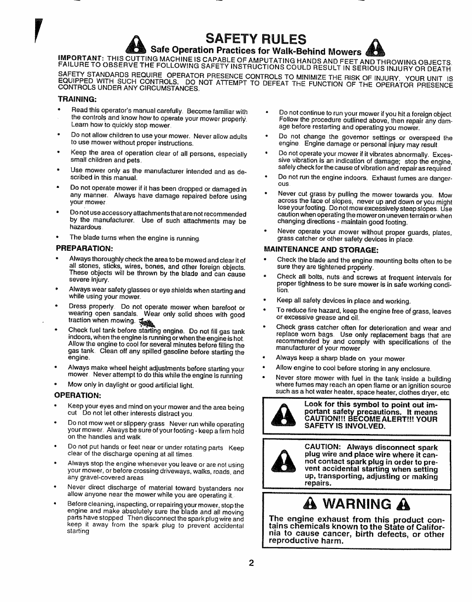 Safe operation practices for walk-behind mowers, Safety rules, A warning a | Sears 917.38614 User Manual | Page 2 / 19