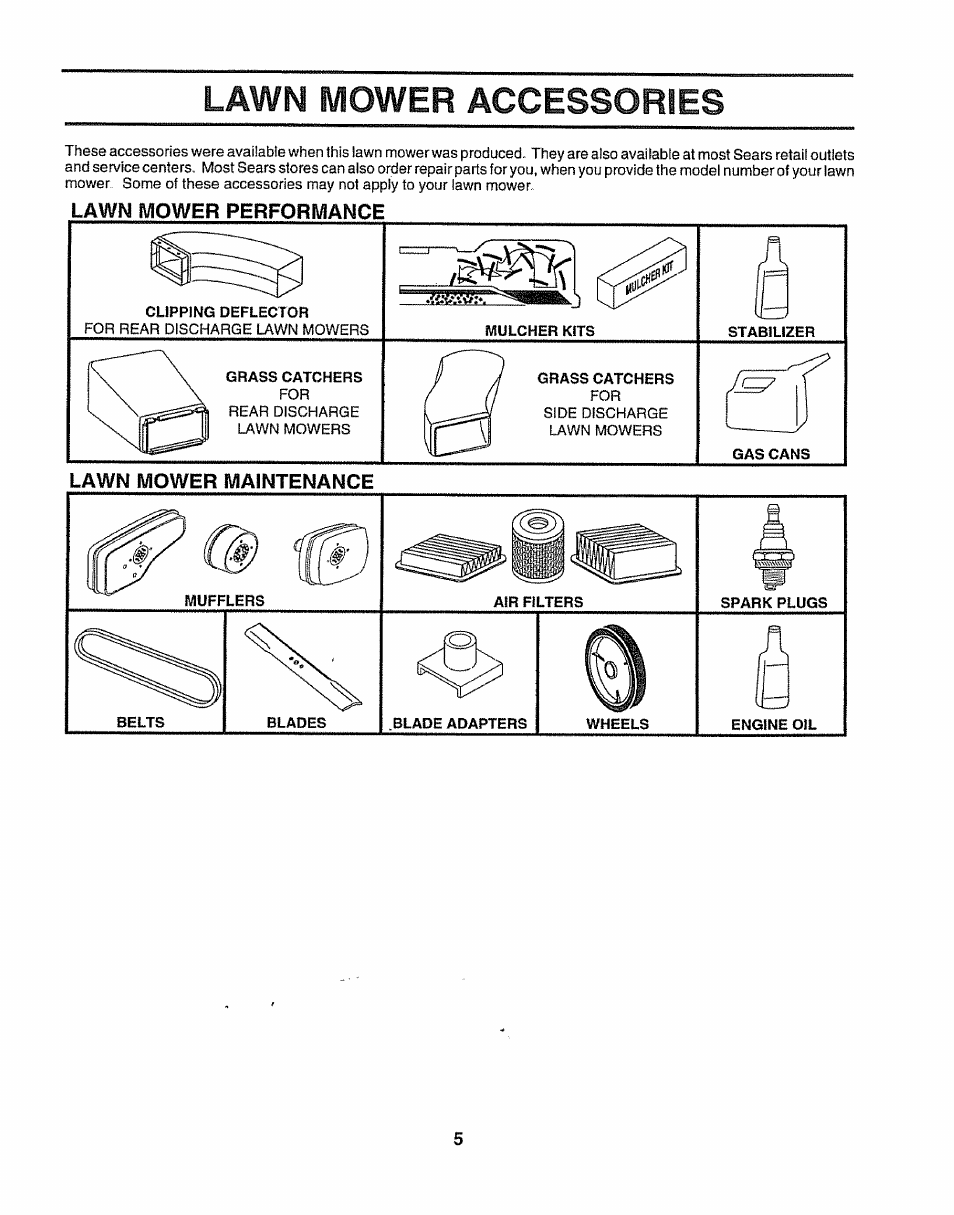 Lawn mower accessories, Lawn mower performance | Sears 917.38614 User Manual | Page 5 / 19