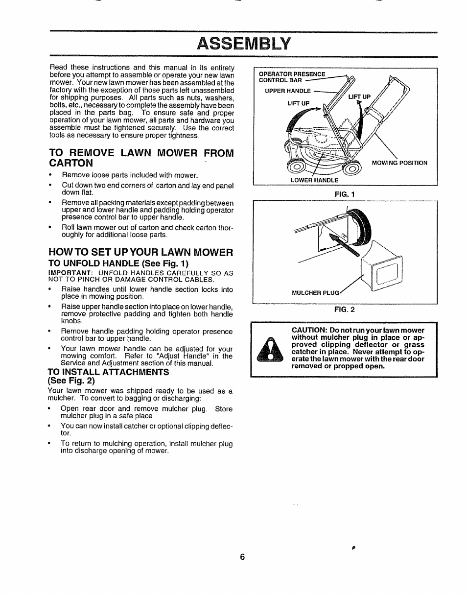 To remove lawn mower from carton, Howto set up your lawn mower, To unfold handle (see fig. 1) | To install attachments (see fig. 2), Asseivibly | Sears 917.38614 User Manual | Page 6 / 19