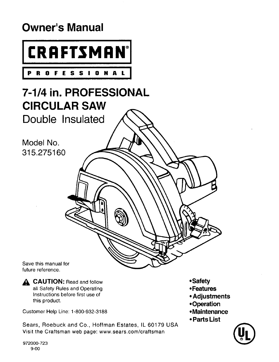 Sears 315.27516 User Manual | 20 pages