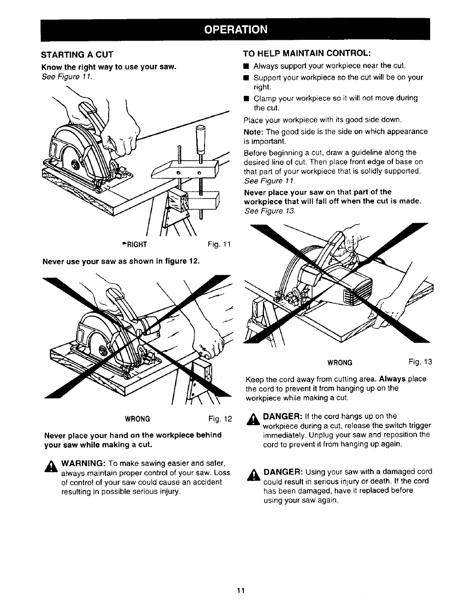 Starting a cut, To help maintain control, Operation | Sears 315.27516 User Manual | Page 11 / 20