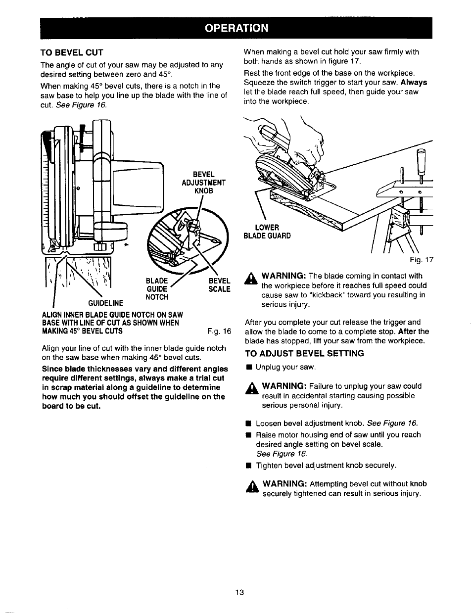 To bevel cut, To adjust bevel setting, Operation | Sears 315.27516 User Manual | Page 13 / 20