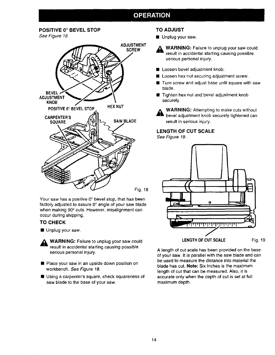 Positive 0° bevel stop, To check, To adjust | Length of cut scale, Operation | Sears 315.27516 User Manual | Page 14 / 20