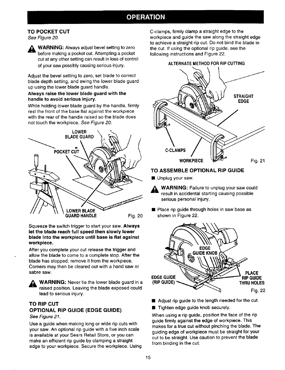 To pocket cut, To rip cut, Optional rip guide (edge guide) | To assemble optional rip guide, Operation | Sears 315.27516 User Manual | Page 15 / 20