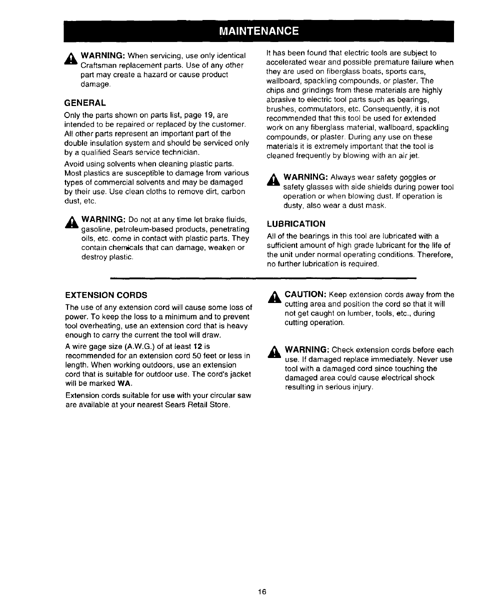 General, Lubrication, Extension cords | Maintenance | Sears 315.27516 User Manual | Page 16 / 20