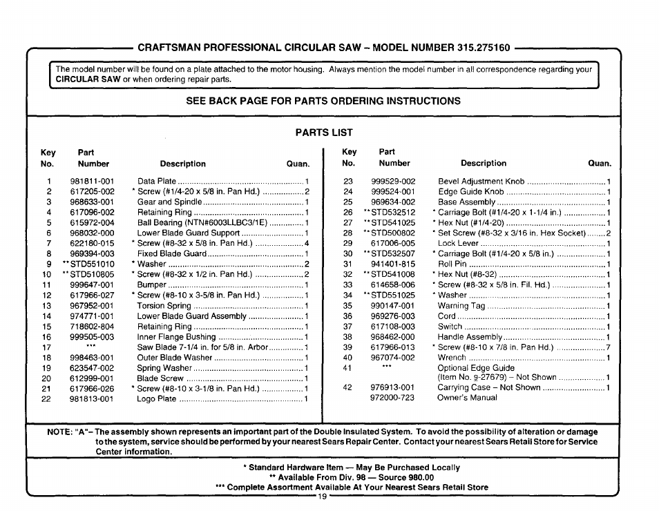 Sears 315.27516 User Manual | Page 19 / 20