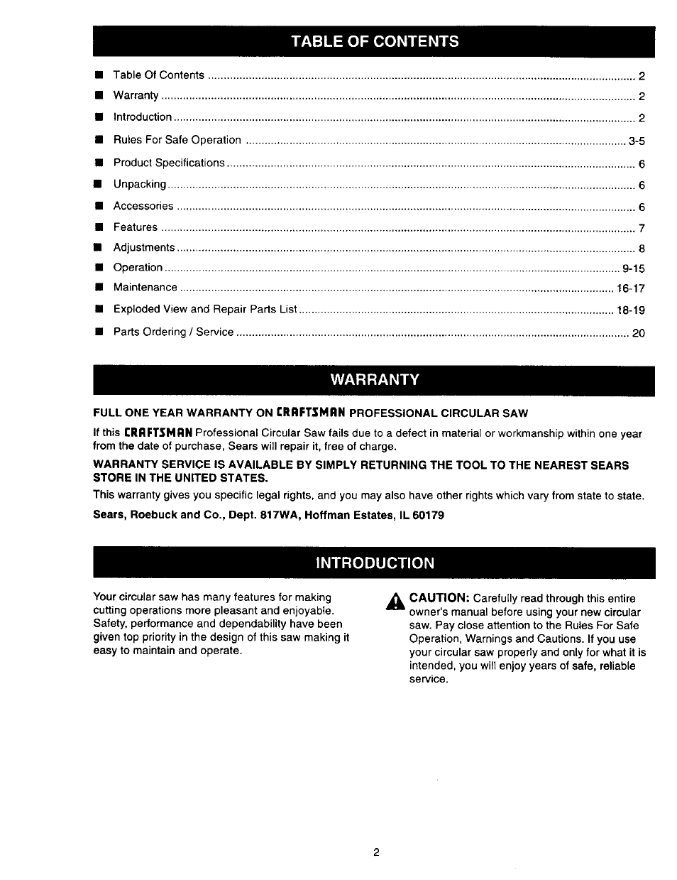 Sears 315.27516 User Manual | Page 2 / 20