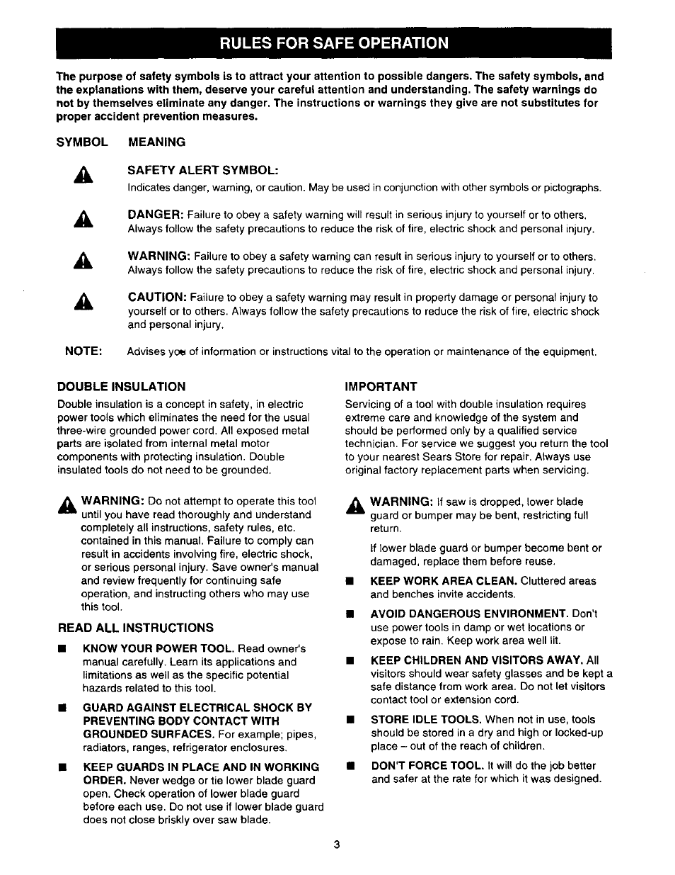 Rules for safe operation, Symbol meaning, Safety alert symbol | Double insulation, Important, Read all instructions, Rules for safe operation -5 | Sears 315.27516 User Manual | Page 3 / 20