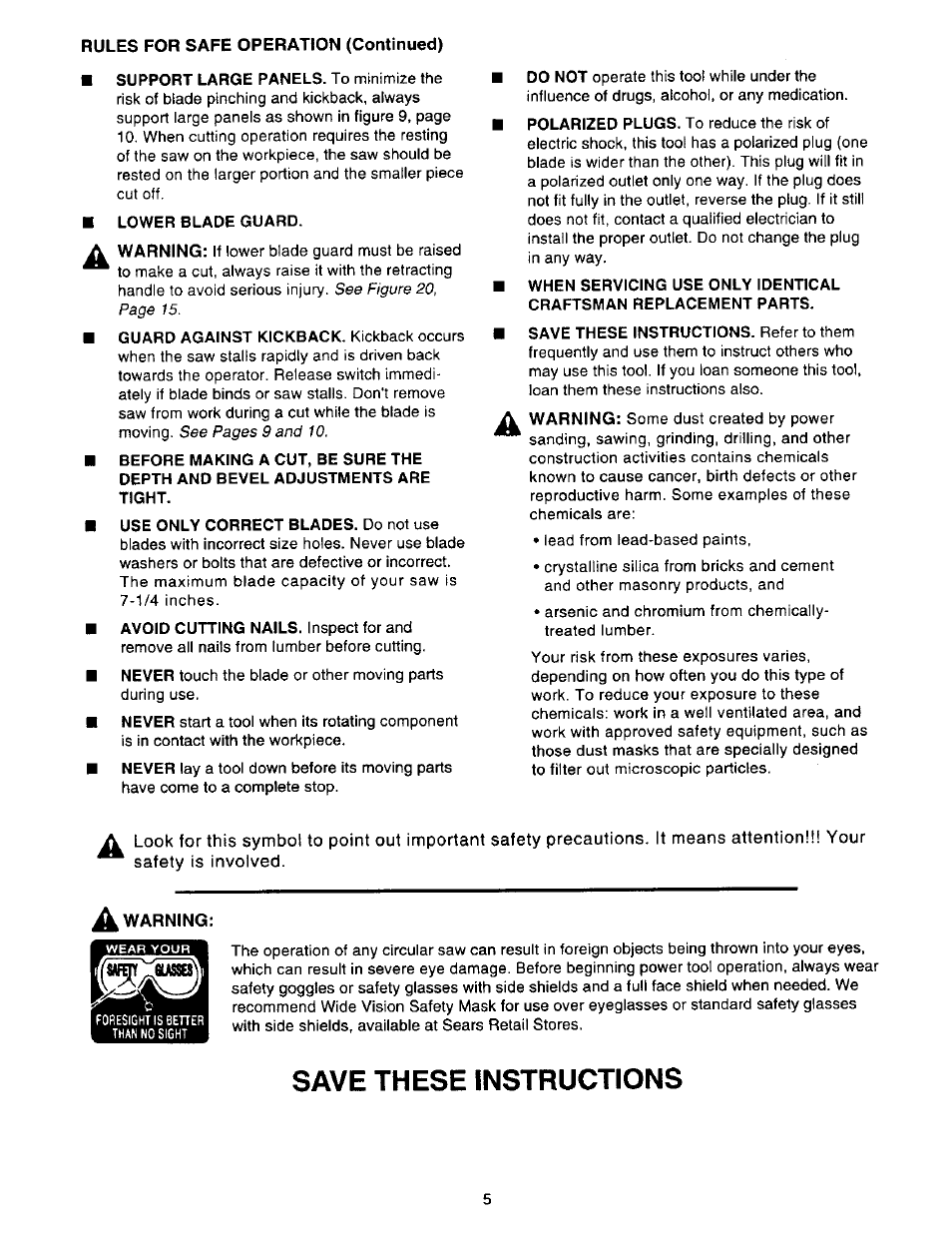 Save these instructions | Sears 315.27516 User Manual | Page 5 / 20