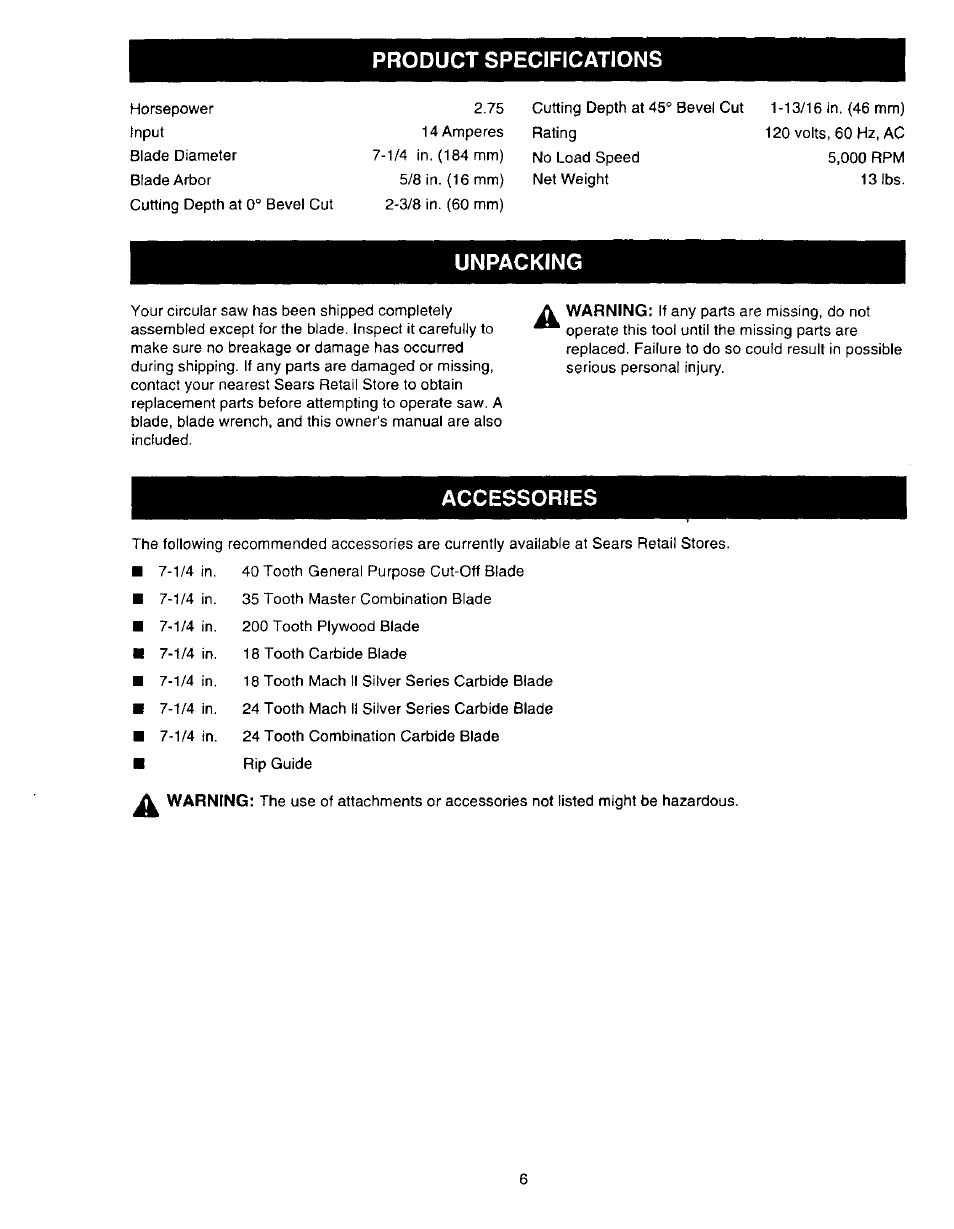 Product specifications, Unpacking, Accessories | Sears 315.27516 User Manual | Page 6 / 20