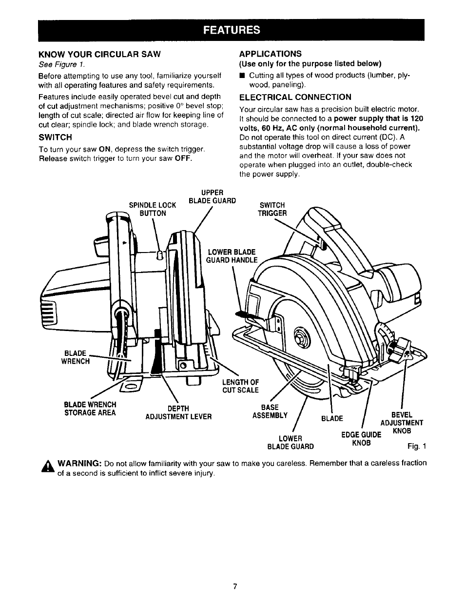 Features, Know your circular saw, Switch | Applications, Electrical connection | Sears 315.27516 User Manual | Page 7 / 20