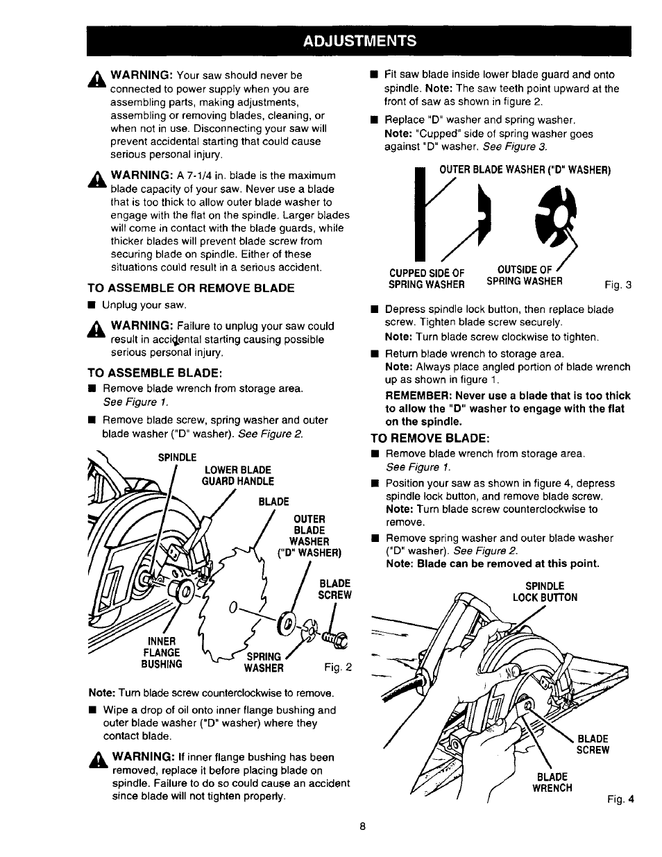 Adjustments, To assemble or remove blade, To assemble blade | To remove blade | Sears 315.27516 User Manual | Page 8 / 20