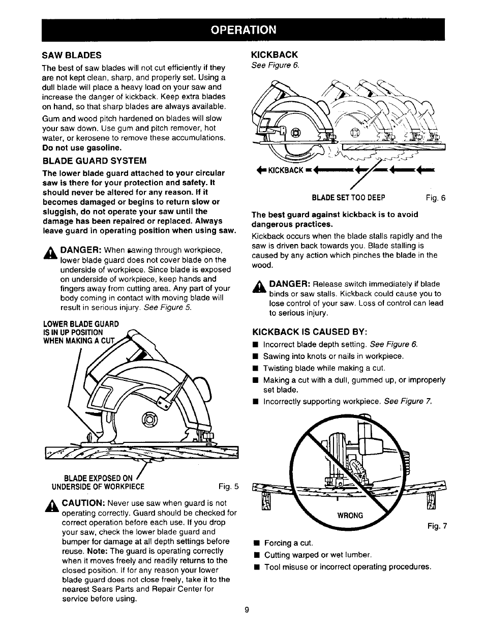 Saw blades, Blade guard system, Kickback | Kickback is caused by, Operation | Sears 315.27516 User Manual | Page 9 / 20
