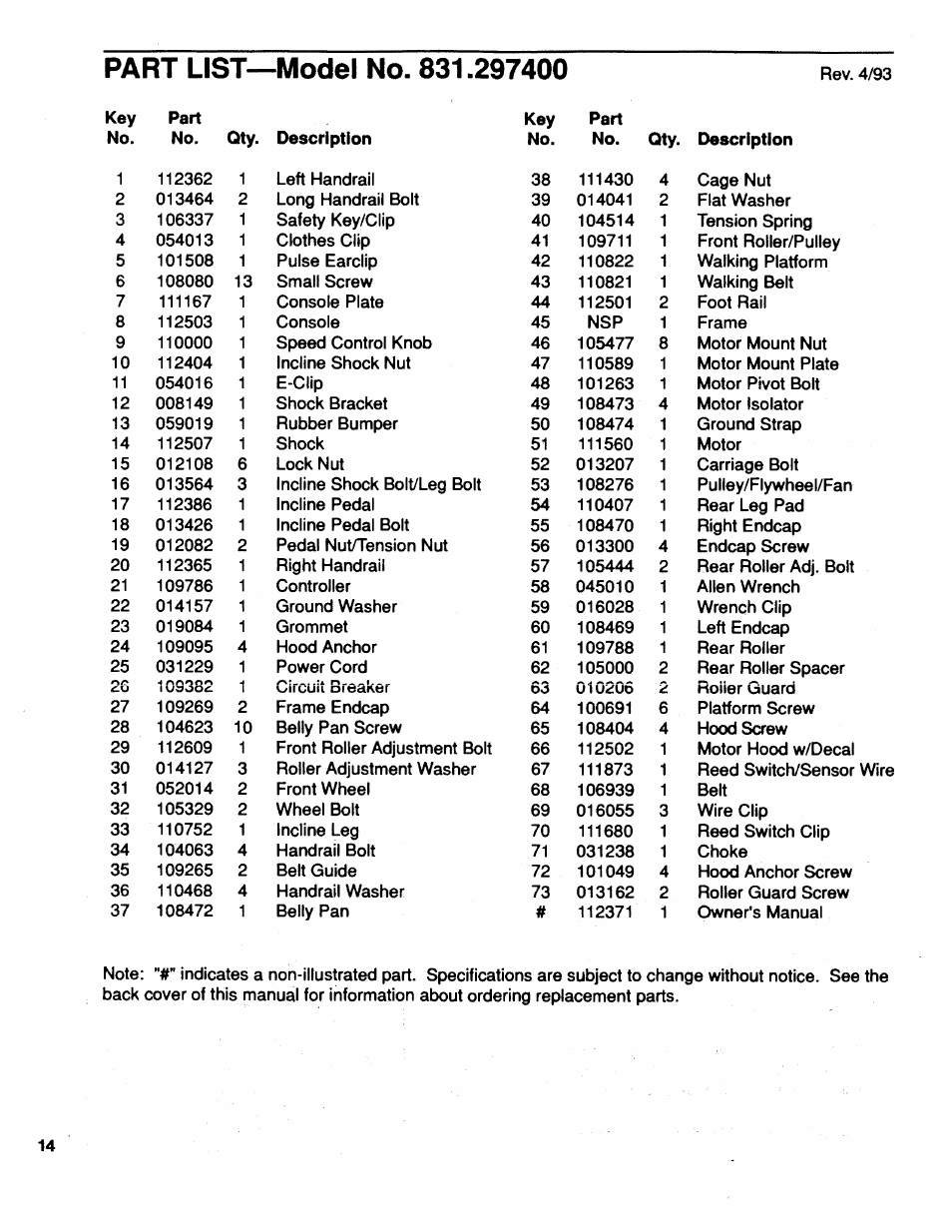 Part list—model no. 831.297400 | Sears 831.2974 User Manual | Page 14 / 16