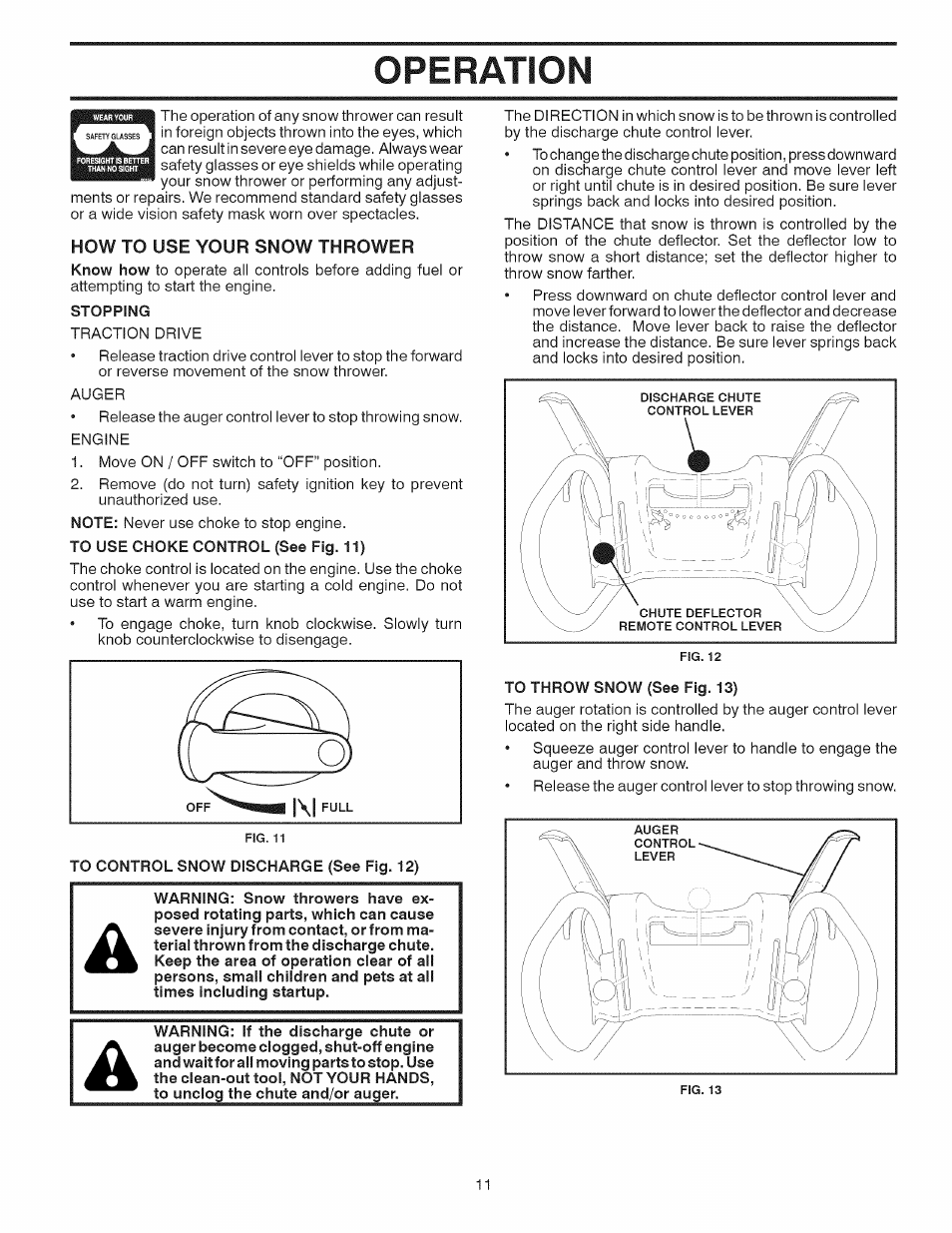 How to use your snow thrower, Operation | Sears 944.528117 User Manual | Page 11 / 44