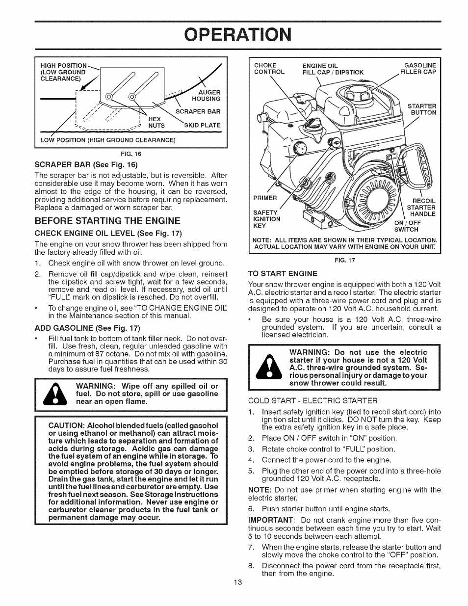 Before starting the engine, Operation | Sears 944.528117 User Manual | Page 13 / 44