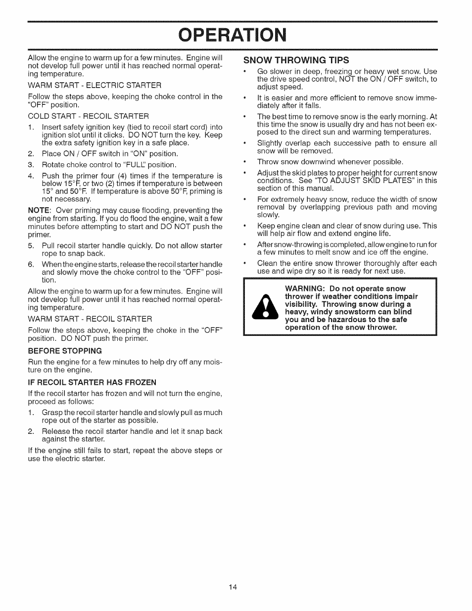 Snow throwing tips, Operation | Sears 944.528117 User Manual | Page 14 / 44