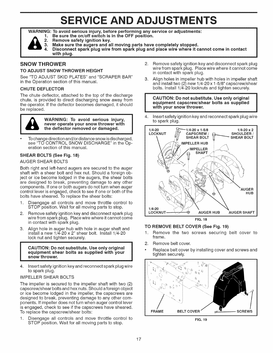 Snow thrower, Service and adjustments | Sears 944.528117 User Manual | Page 17 / 44