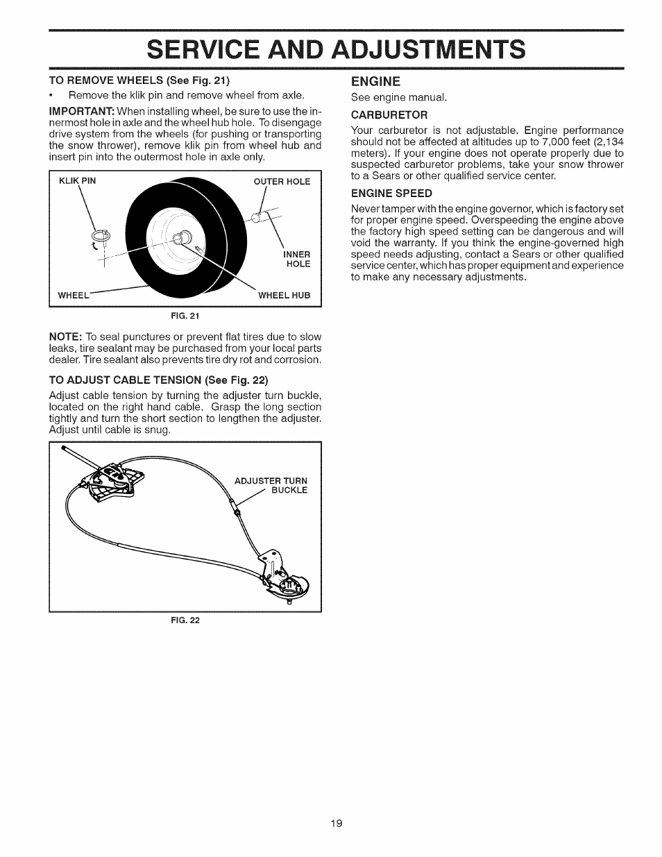 Engine, Service and adjustments | Sears 944.528117 User Manual | Page 19 / 44
