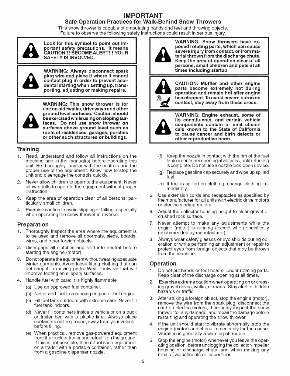 Training, Preparation, Operation | Important | Sears 944.528117 User Manual | Page 2 / 44