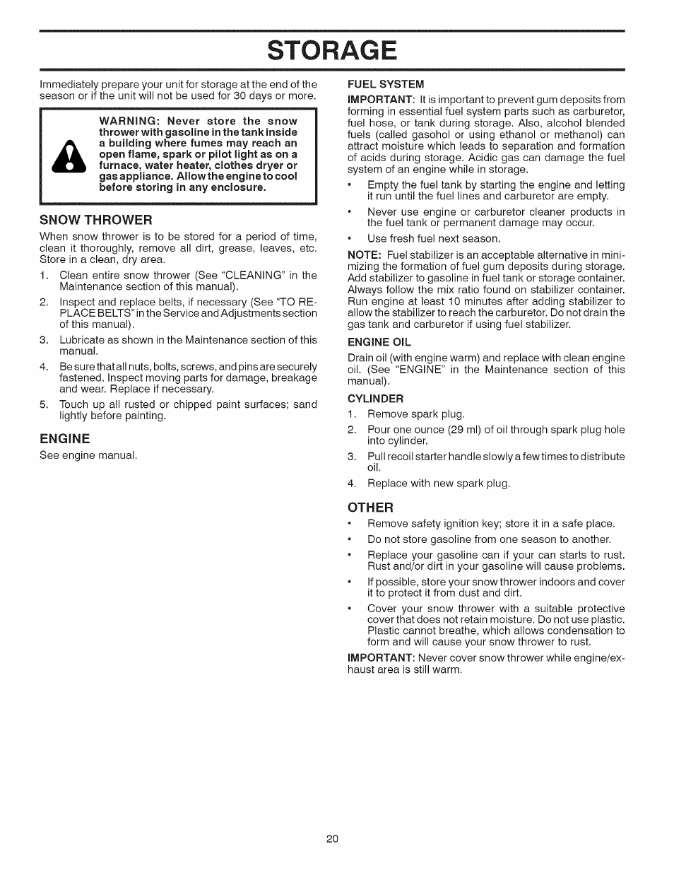 Storage, Snow thrower, Engine | Fuel system, Engine oil, Cylinder, Other | Sears 944.528117 User Manual | Page 20 / 44