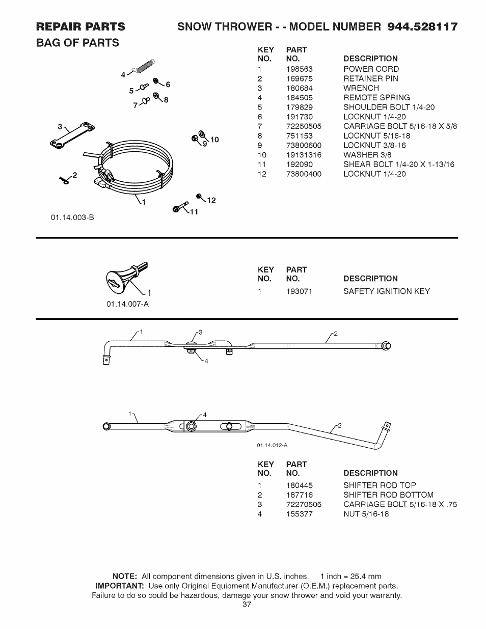 Key part, No. no. description, Repair parts bag of parts | Sears 944.528117 User Manual | Page 37 / 44