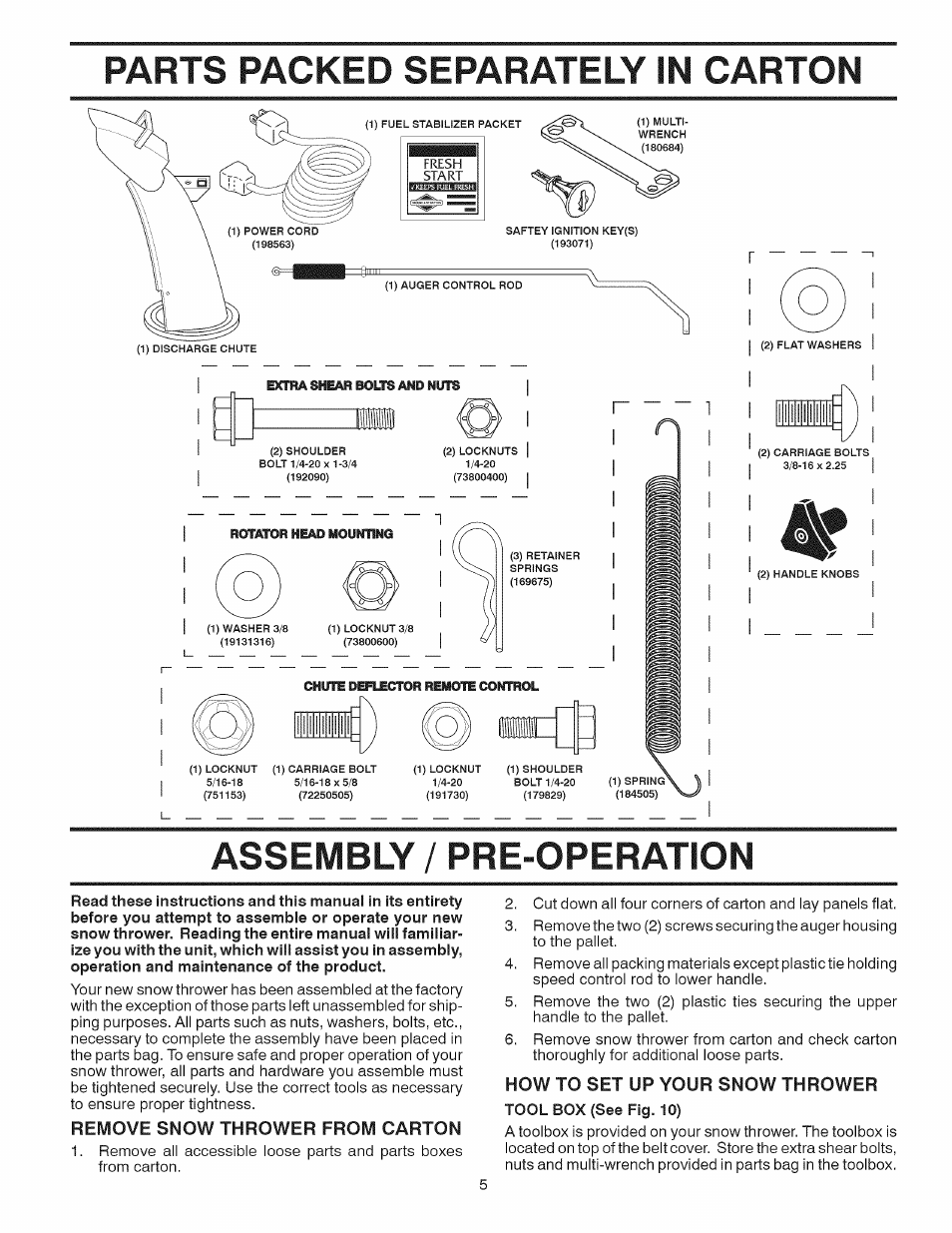 Remove snow thrower from carton, How to set up your snow thrower, Parts packed separately in carton | Assembly / pre-operation, Impf, Ill i | Sears 944.528117 User Manual | Page 5 / 44