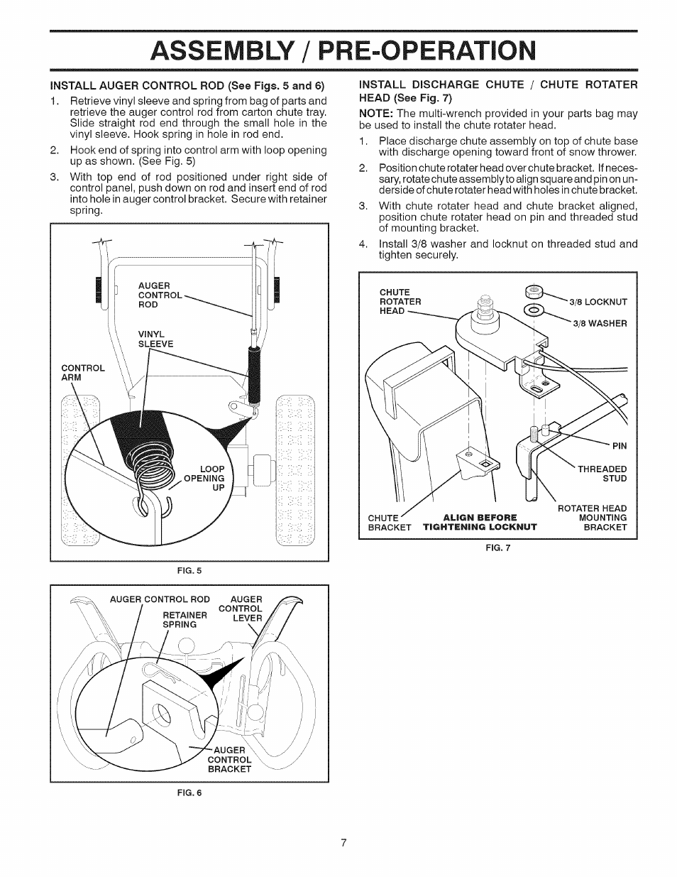 Install discharge chute / chute rotater, Assembly / pre-operation | Sears 944.528117 User Manual | Page 7 / 44