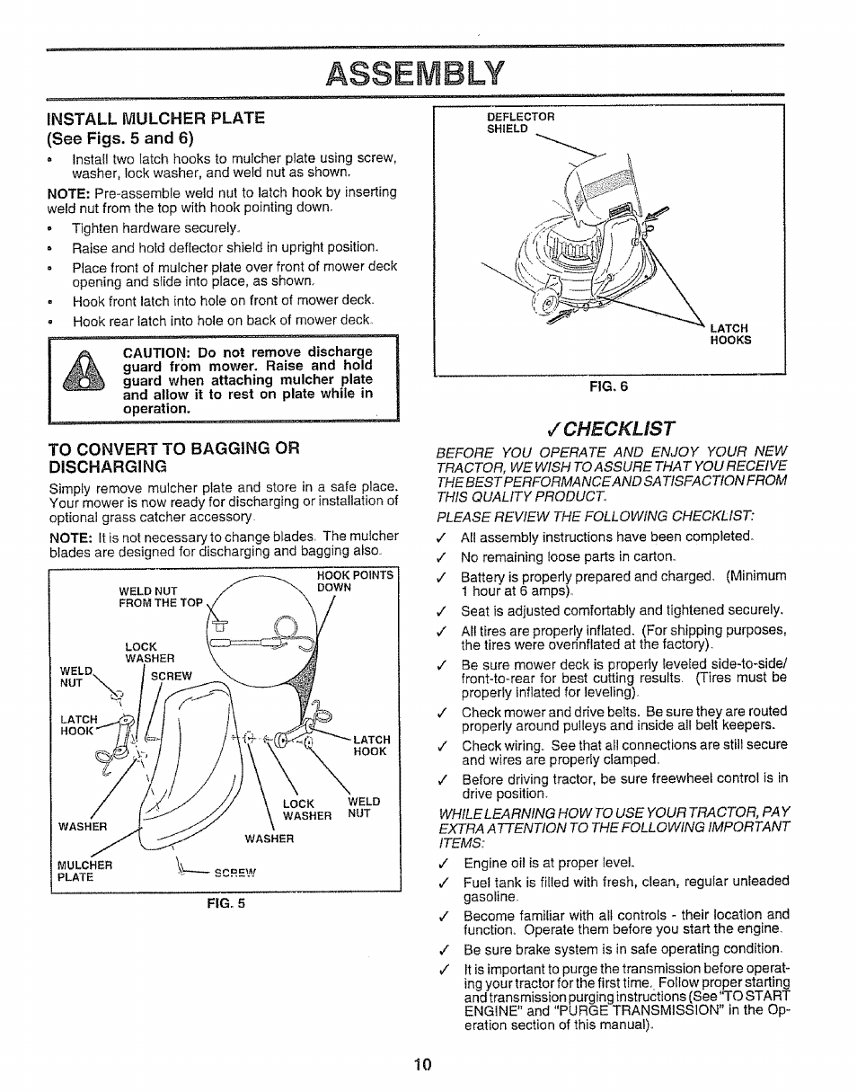 Install mulcher plate (see figs. 5 and 6), To convert to bagging or discharging, Assembly | Checklist | Sears 917.25667 User Manual | Page 10 / 56