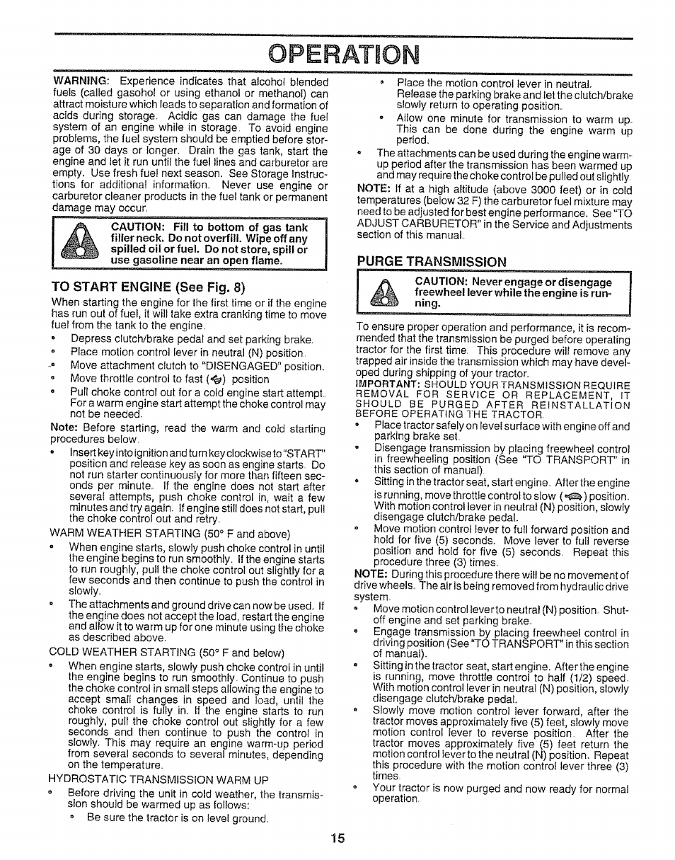 To start engine (see fig. 8), Purge transmission, Operation | Sears 917.25667 User Manual | Page 15 / 56