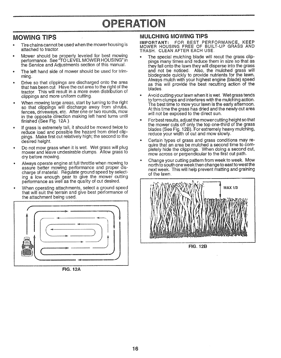 Mowing tips, Mulching mowing tips, Operation | Sears 917.25667 User Manual | Page 16 / 56