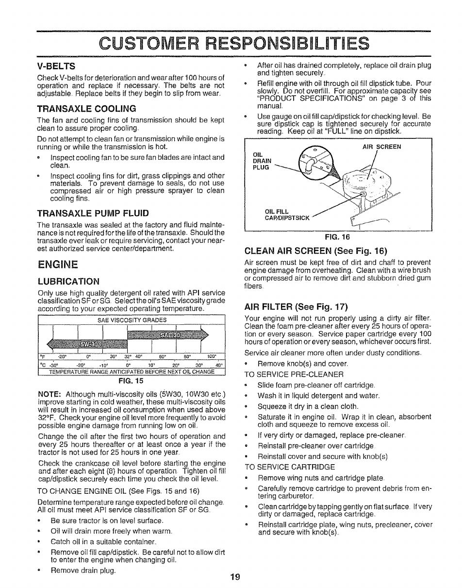 V-belts, Transaxle cooling, Transaxle pump fluid | Engine, Lubrication, Clean air screen (see fig. 16), Air filter (see fig. 17), Customer responsibilities | Sears 917.25667 User Manual | Page 19 / 56