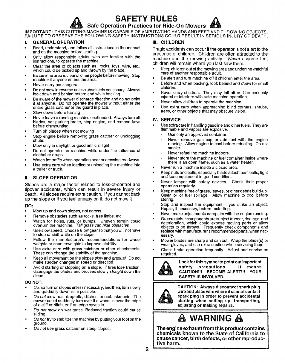 Safe operation practices for ride-on mowers, A warning a, Safety rules | Sears 917.25667 User Manual | Page 2 / 56