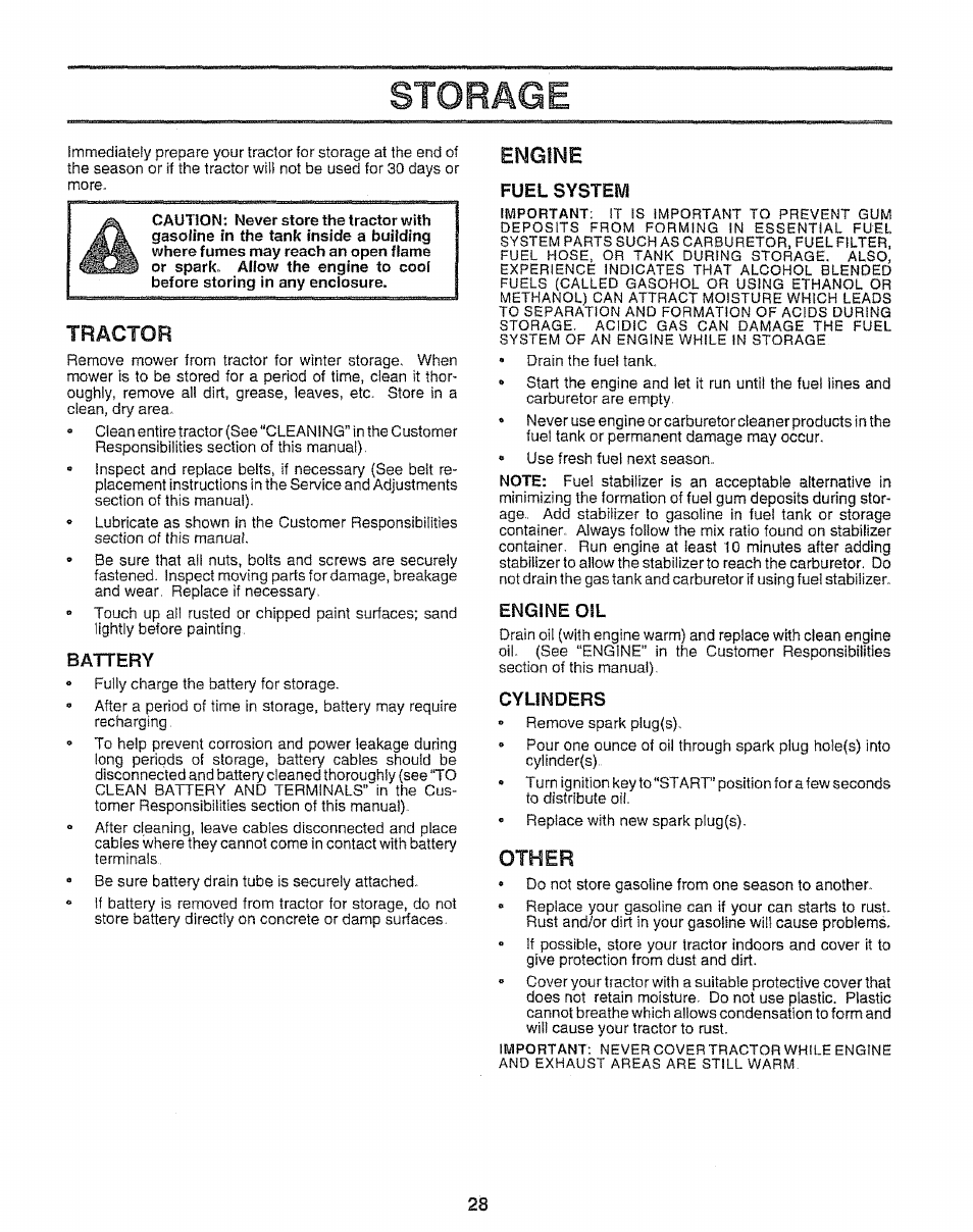 Storage, Tractor, Battery | Engine, Fuel system, Engine oil, Cylinders, Other, Engine oi | Sears 917.25667 User Manual | Page 28 / 56