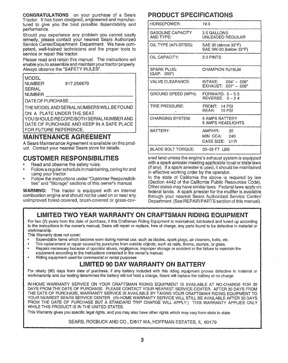 Product specifications, Maintenance agreement, Customer responsibilities | Limited 90 day warranty on battery | Sears 917.25667 User Manual | Page 3 / 56