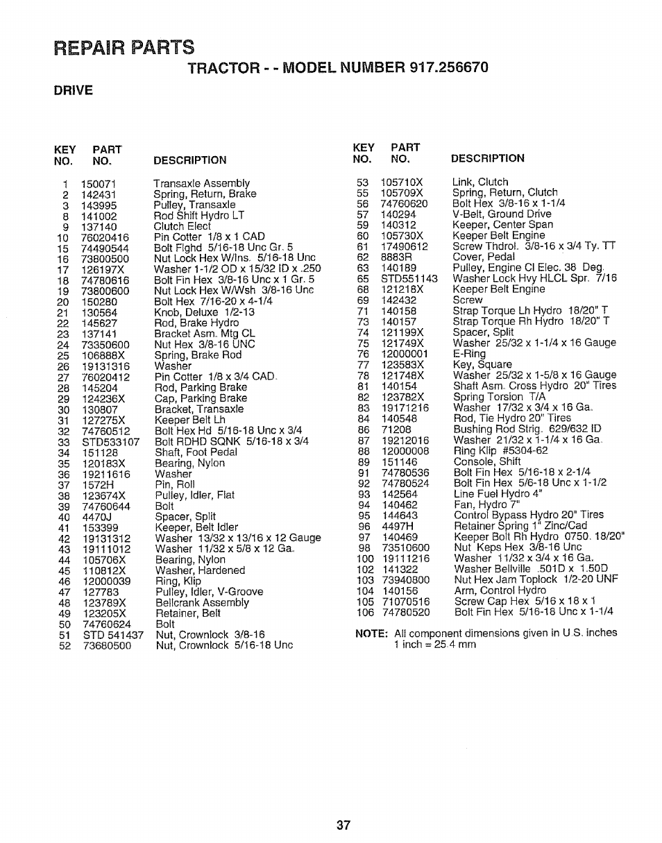 Drive, Repair parts | Sears 917.25667 User Manual | Page 37 / 56