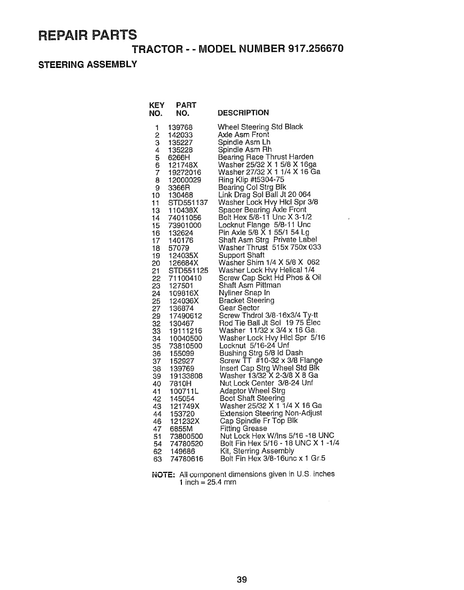 Repair parts | Sears 917.25667 User Manual | Page 39 / 56