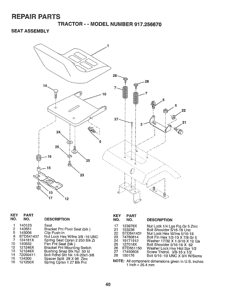 Seat assembly, Repair parts | Sears 917.25667 User Manual | Page 40 / 56