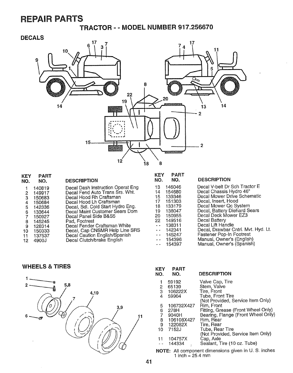 Decals, Wheels st tires, Repair parts | Sears 917.25667 User Manual | Page 41 / 56