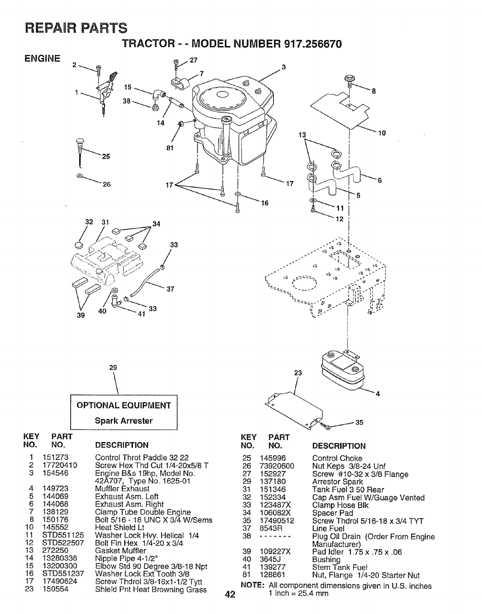 Engine, Repair parts, Model | Tractor | Sears 917.25667 User Manual | Page 42 / 56