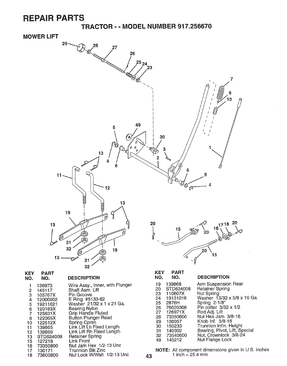 Mower lift, Repair parts | Sears 917.25667 User Manual | Page 43 / 56