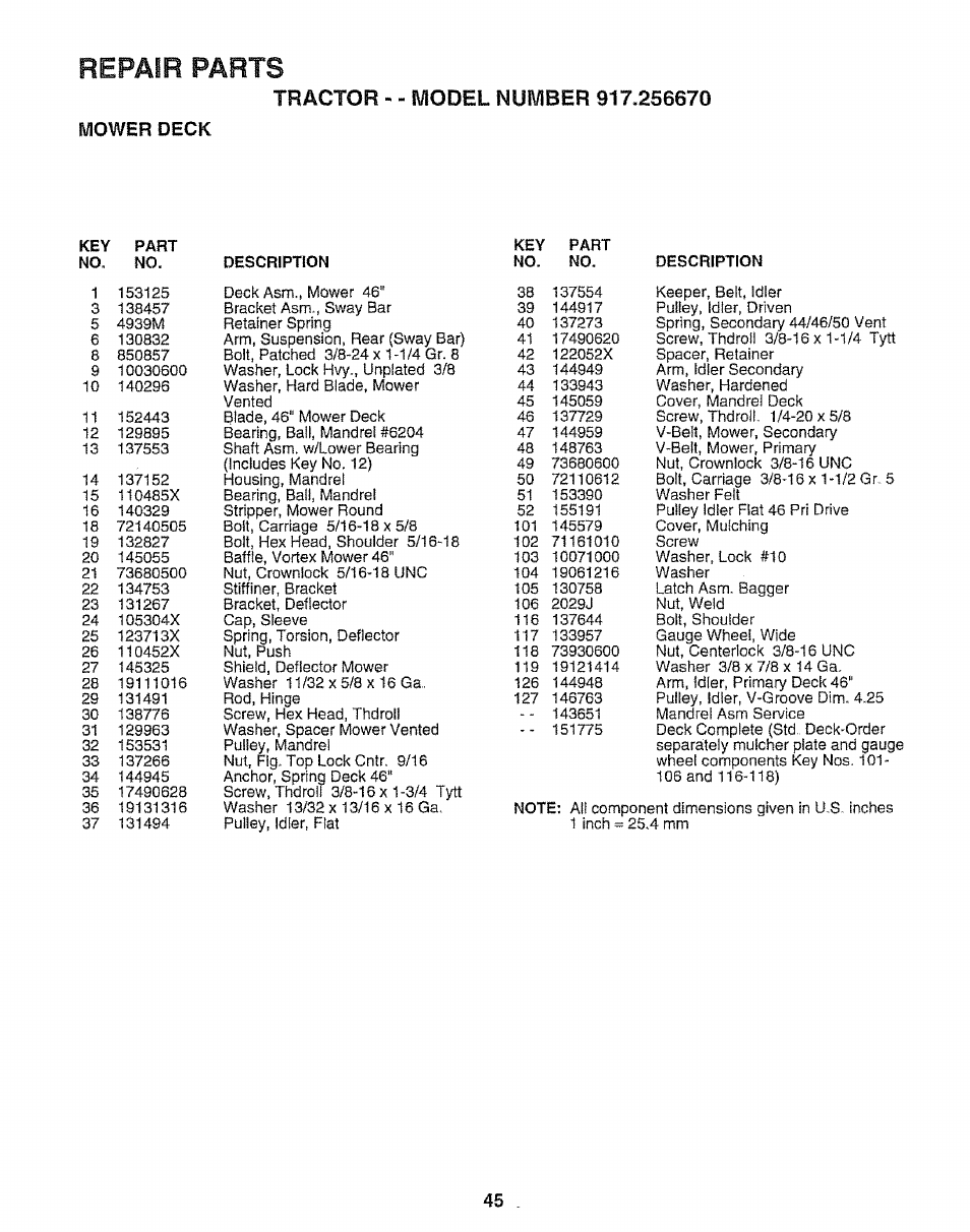 Mower deck, Repair parts | Sears 917.25667 User Manual | Page 45 / 56