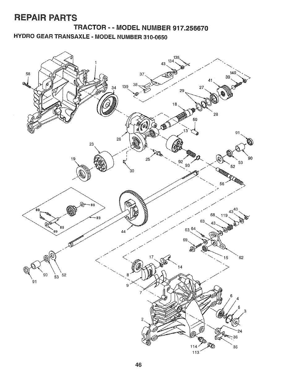 Tractor - - model number 917.266670, Repair parts | Sears 917.25667 User Manual | Page 46 / 56