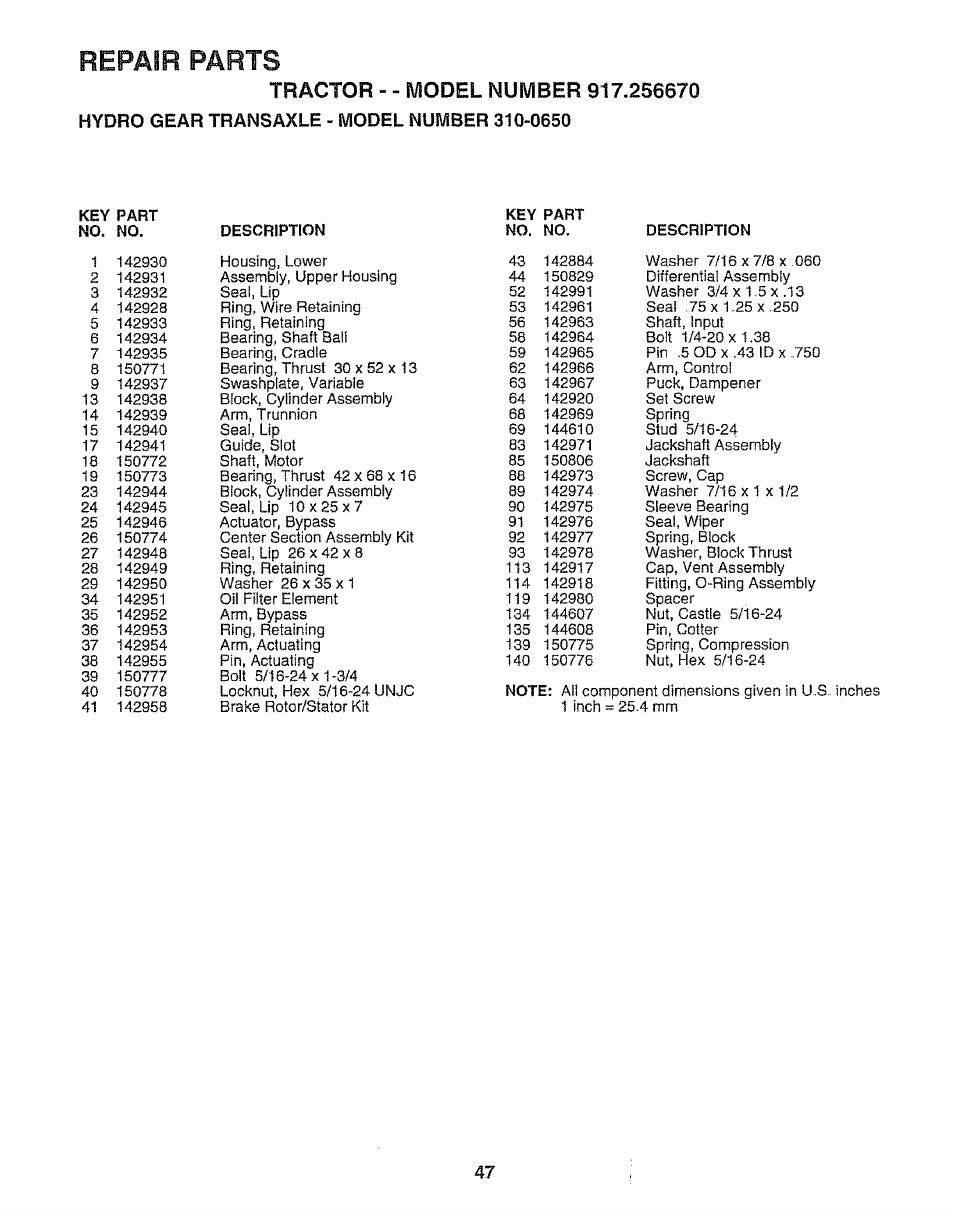 Repair parts | Sears 917.25667 User Manual | Page 47 / 56