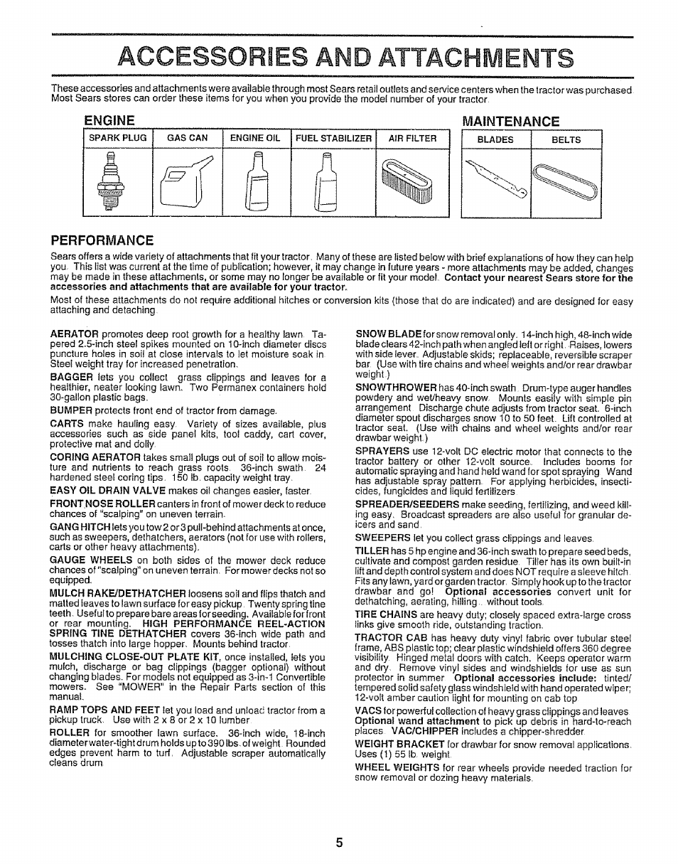 Accessories and attachments, Engine, Maintenance | Performance | Sears 917.25667 User Manual | Page 5 / 56