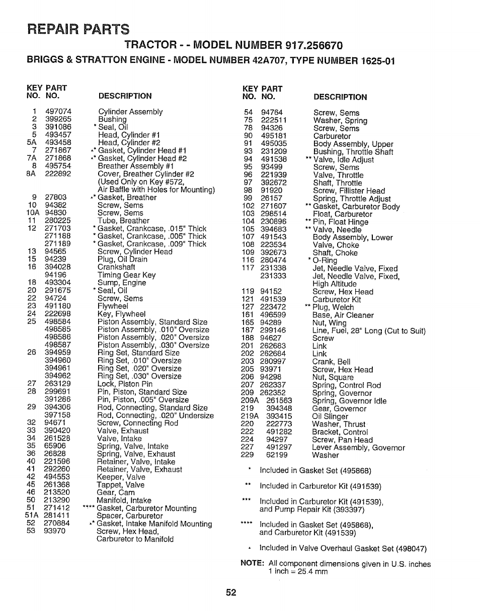Repair parts | Sears 917.25667 User Manual | Page 52 / 56