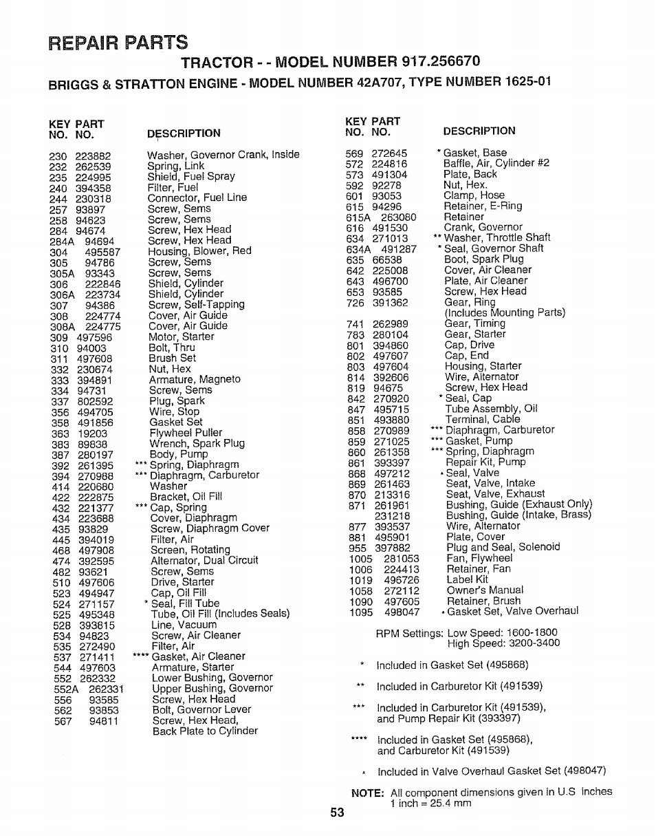 Repair parts | Sears 917.25667 User Manual | Page 53 / 56
