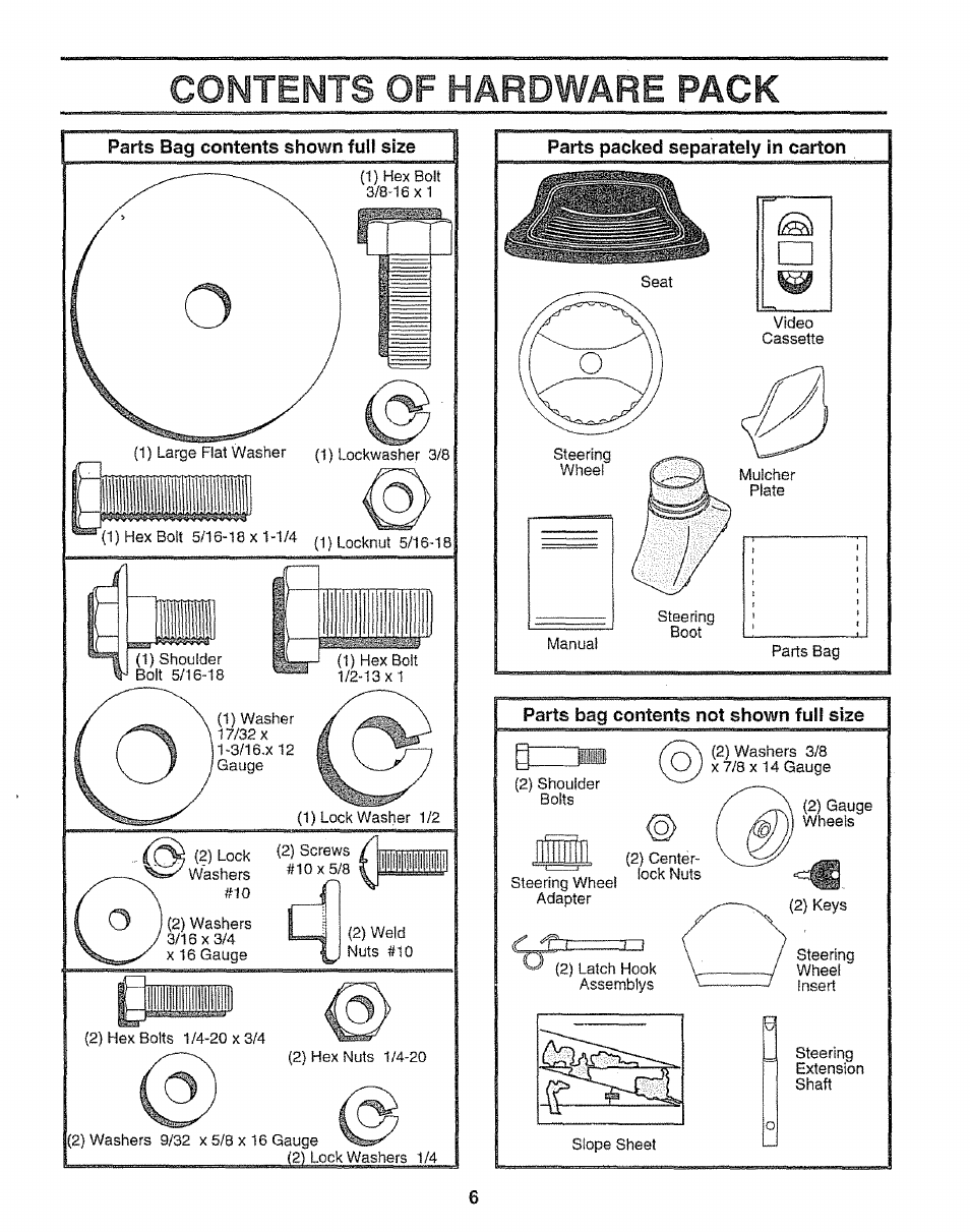 Contents of hardware pack, Parts packed separately in carton, Parts bag contents not shown full size | Sears 917.25667 User Manual | Page 6 / 56