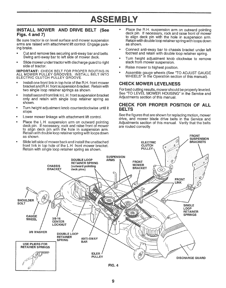 Install mower and drive belt (see figs. 4 and 7), Check mower levelness, Check for proper position of all belts | Assembly | Sears 917.25667 User Manual | Page 9 / 56
