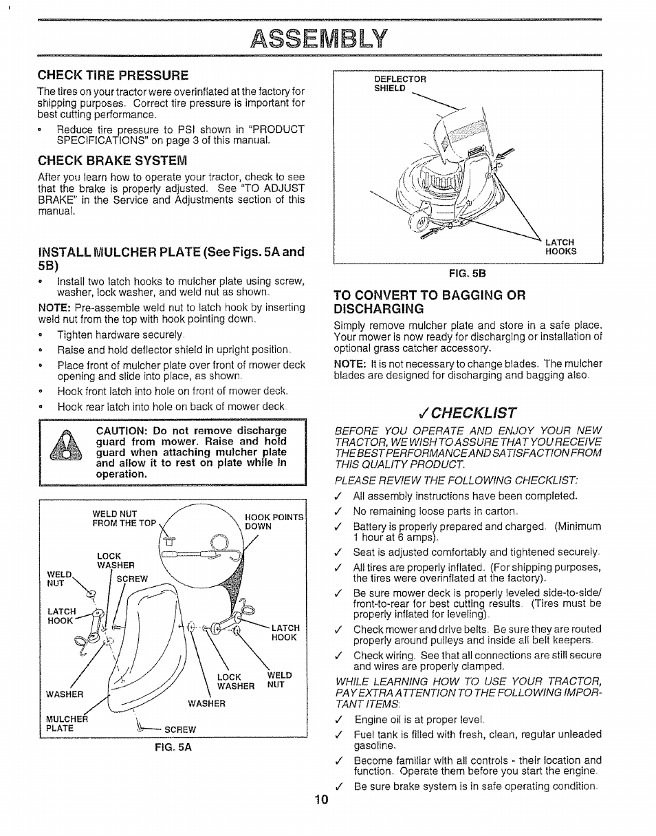 Check tire pressure, Check brake system, Install mulcher plate (see figs. sa and sb) | To convert to bagging or discharging, Assembly, Checklist | Sears 917.25148 User Manual | Page 10 / 64
